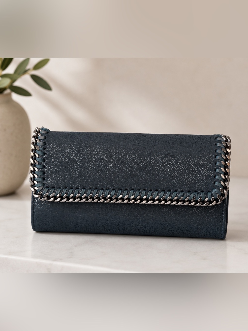 Stella McCartney Navy Chain-Trim Envelope Clutch